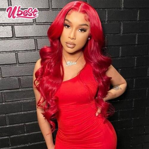 Ubest Cherry Red Color Body Wave Lace Front Wig Peruvian Virgin Colored Human Hair Wigs Pre Plucked Transparent Lace for Women