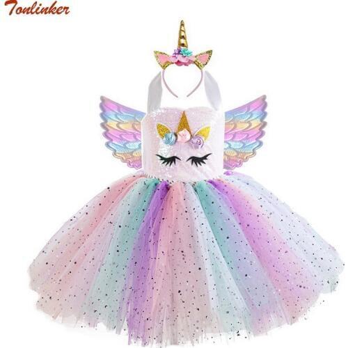 New Girls Unicorn Costumes For Kids Unicorn Tutu Dress With Gold Headband Wings Princess Girls Halloween Chritmas Party Dress