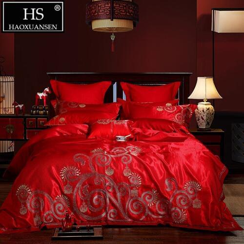 Red 4/6/9 Pieces Bedding Sets Euro Embroidery Wedding Cotton Duvet Cover Pillowcase Double Bedspread Sheets Set Queen King Size