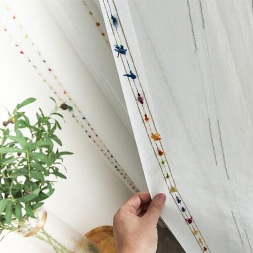 Faux Linen Stripe Pattern Sheer Curtains for Living Room Bedroom Embroidered Colorful Rainbow Semi Sheer Voile Window Curtain