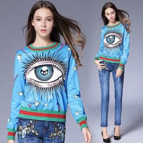 Round Collar Pullover Sweater Printed Eye Long Sleeve Knitted Sweaters Women Autumn Winter European American Casual Top H9205