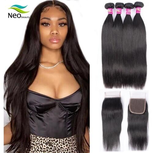 Neobeauty 10A Brazilian Virgin Human Hair Bundles with Closure 4x4 Preplucked with Baby Hair Straight Lace closure with Bundles