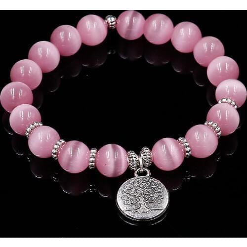 Pink Opal 10MM Beads Yoga Bracelets Tree Of Life Mala Strand Bracelet Fashion Natural Stone Energy Jewelry For Women Gift