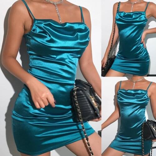 Sexy Bodycon Bandage Short Dress Women Spaghetti Strap Blue Casual Party Slash Neck Satin Silk Feel Mini Pencil Dresses New