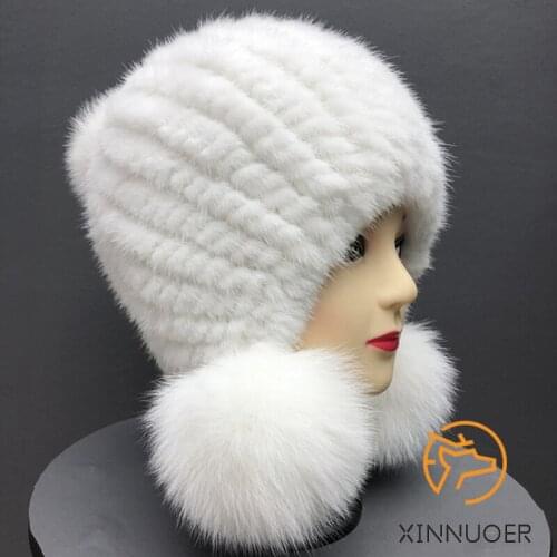 Womens Mink Knit Hat Winter Natural Fur With Fox Fur Ball Fashion Warm Casual Business Outdoor Princess Hat