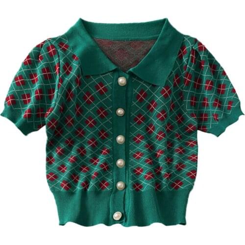 2021 Summer Womens Retro Check Lapel Knit Short Sleeve Slim Single-breasted Button Button Green Short T-shirt Short Sleeve