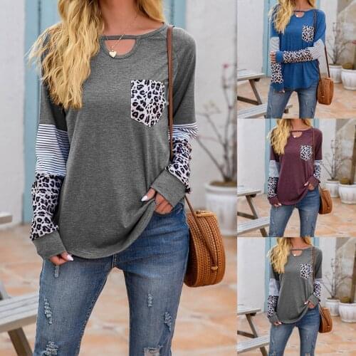 WomenS Pullover Autumn Hot Style Simple Casual Fashion Stitching Leopard Print V-Neck Long-Sleeved T-Shirt толстовка женска 50