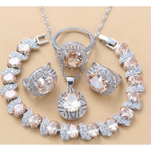 Impressive Champagne Zircon Fashion Vintage Costume Silver Color Oval Big Jewelry Sets For Women Gift