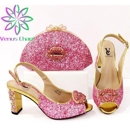 2021 Pink Color Italian Design Party Elegant Women Shoes and Bag Set full of Rhinestone New Arrival Mixin Metal Decoration