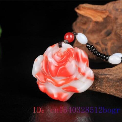 Amulet Jewelry Gifts Flower Charm Chinese Fashion Red Jade Rose Pendant Natural Jadeite Carved Necklace