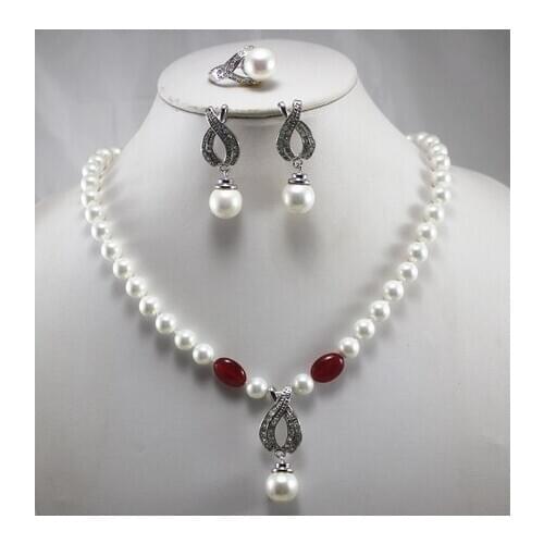 Noble Womens white freshwater pearl Necklace earring ring(6/7/8/9) set
