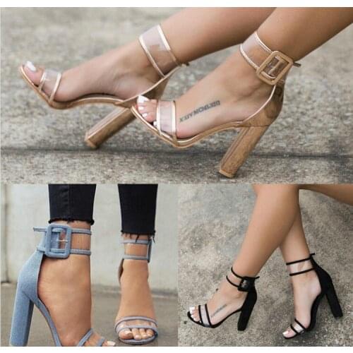 Ladies Bandage Transparent Sexy Summer Party Flock Sandal Shoes 35-42 SizeWomen Ankle Strap High Heel Sandals Shoes