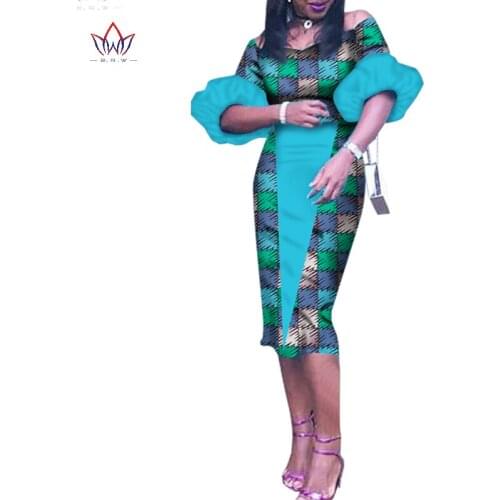 BRW New Women V-Neck Dashiki African Short Flared Sleeve One Shoulder Dresses for Daily Wedding Party Ankara Long Dress WY1243