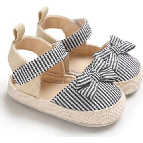 Baby Sandals For Girl Toddler Breathable Stripe Pattern Anti-Slip Shoes With Bowknot Casual Sneakers Toddler Soft Soled Sandals