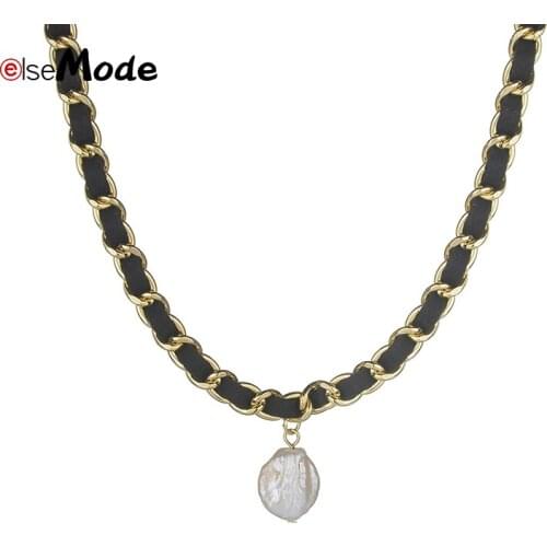 ELSEMODE Vintage Black Ribbon Chain Women Choker Jewelry Elegant Stainless Steel Irregular Pearl Pendant Necklaces