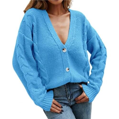 V Neck Cardigan Long Sleeve Single-breasted Pure Color Braided Lady Cardigan for Daily Wear