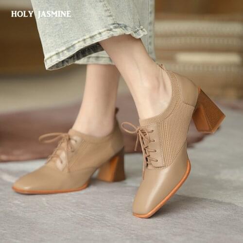 Fashion Comfortable Genuine Leather Womens Ankle Boots Elegant Square Toe Thick Heels Pumps Party Lace-up Shoes Woman 2021 New