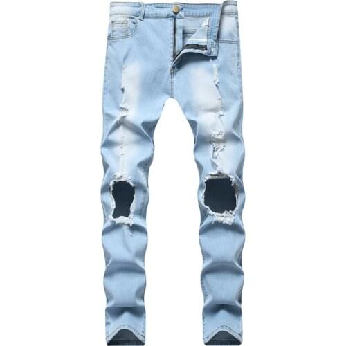 2021 Spring and Autumn New High Quality European Size Mens Solid Color Holes Straight Slim Hip-hop Denim Mens Jeans