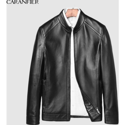 CARANFIER Mens Jackets Genuine Sheepskin Leather Casual Slim Fit Coats Motorcycles Black Outerwear Overcoats 2019 New Brand Coat
