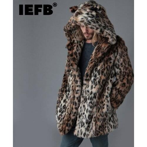 IEFB Autumn And Winter New Mens Fur Coat Leopard Print Medium And Long Coat Males Warm Thickened Windbreaker Casual Jackets