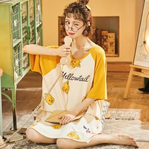 Night Dress Women Summer O-neck Cartoon Korean Style Short Sleeve Sleepwear Letter Print lovely Cartoons Nightdress Female H1348