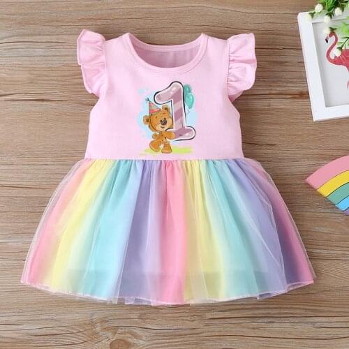 Summer 2021 Kids Birthday Cartoons Bear Graphic Girls Dress Flying Sleeve Infant Princess Dresses Birthday Present Clothes