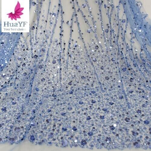 Popular Fashion Heavy Beaded Net Lace With Pearls Blue Tulle Fabrics Sequins For Party Dress 2021 HY1306