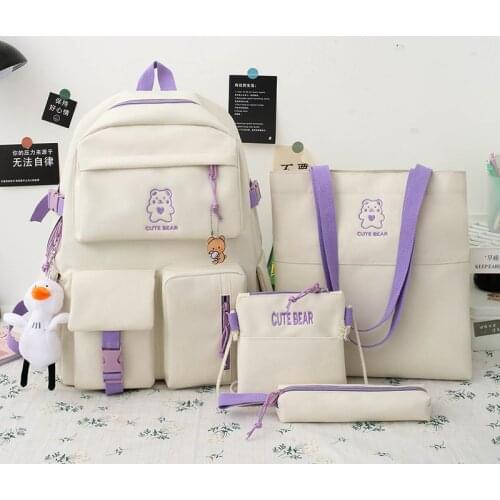 4 Pieces Set High School backpack Bags for Teenage Girl Canvas Travel Backpack Women Bookbags Teen Student Schoolbag Fashion 58
