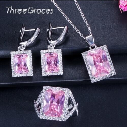 ThreeGraces Luxury Pink Sapphire Cubic Zirconia Stone Big Silver Rings Pendant Necklace Earring Women Fashion Jewelry Set JS130