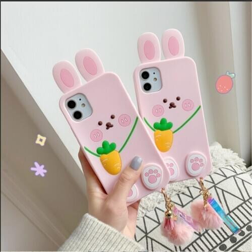 Cute Pink rabbit kid girl gift Phone Case For iphone 12 11 pro max mini X XR XSmax 7 8 Plus SE2 Soft Silicone Cover with pendant