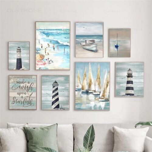 Nordic Sailing Series Canvas Painting White and Blue Lighthouse Poster Home Decoration Wall Art Pictures for Liivng Room