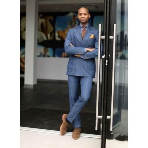 Stylish Blue Denim Men Suits Three Pieces costume pour homme BlazersTuxedos Terno Masculino mens suits(Jacket+Pants+Vest)