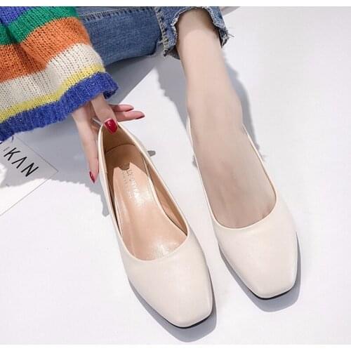 New Women Loafers Simple PU Leather Slip-on Shoes Round Toe Mid Heel Ladies Party Student Shoes Pumps Moccasins chaussures femme