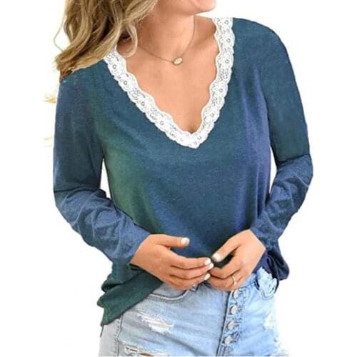 Women Blouse Long Sleeve Lace Trim V Neck Lace Trim T-shirt Women Autumn Blouse for Autumn