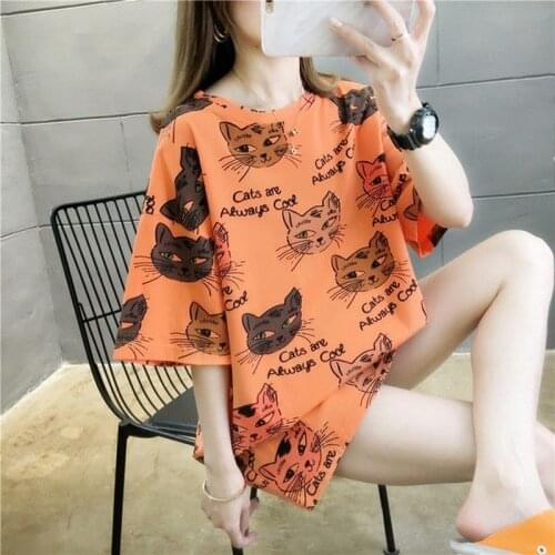 Cartoon Printing T-shirt Women 2021 Summer New Short-sleeved Top Loose Long Bottoming Shirt Harajuku Graphic T Shirts
