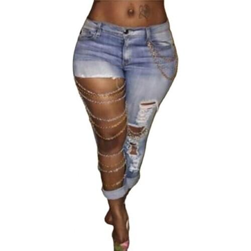 Summer Women Jeans Mid Rise Exaggerated Ripped Holes Skinny Pencil Pants Trousers Summer Women Streetwear джинсы XXL