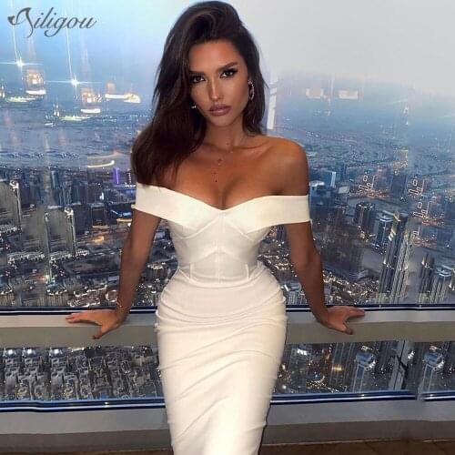 Ailigou 2021 New Summer Sky Blue White Sexy Fashion WomenS Tight Strapless Midi Bandage Dress Nightclub Party Dress