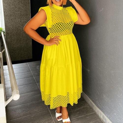 2021 Summer Flying Sleeves Chic Hollow Out Stitching Loose Sexy Dress For Women Club Party Wear White Yellow Red Dress Vestidos