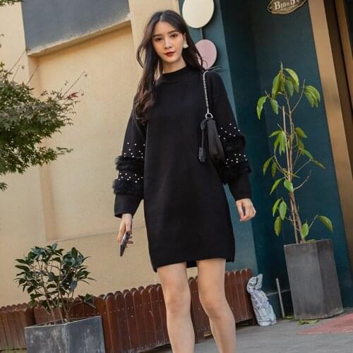 Women Round Collar Medium Length Pullover Autumn Winter Long Sleeve Pearl Embellishment Knitted Sweater Dress