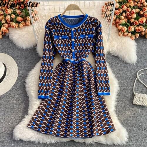 2021Fall Winter Vintage Office Ladies Casual O-neck Contrast color Plaid Chic Single-breasted Long sleeve Jacquard Knitted Dress