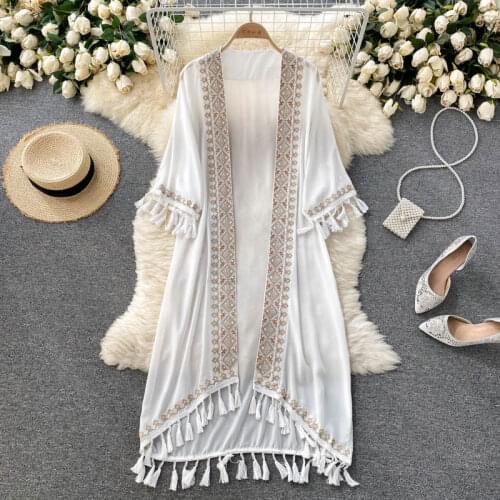 Summer Boho Vintage Embroidery Women Long Kimono Shirts Ethnic Loose Cardigan Tops Sunscreen Blouses Women Outer Cover Up