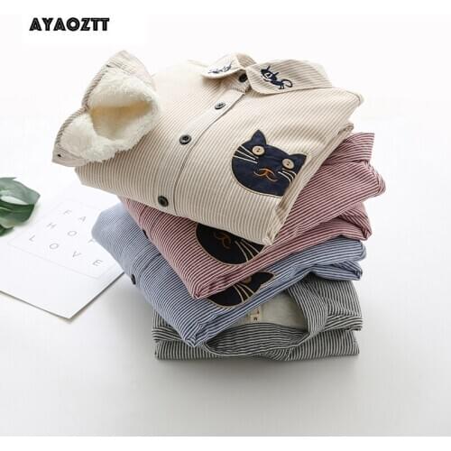 Ayaoztt womens winter velvet thick warm striped long sleeve blouses, women tops, cat embroidery shirts, blue