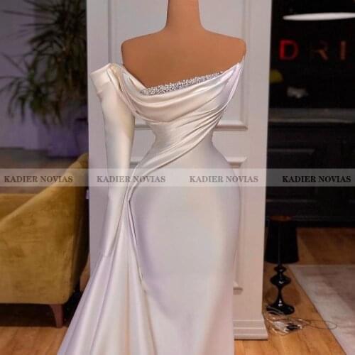 KADIER NOVIAS Long Sleeve White One Shoulder Mermaid Wedding Dresses 2021 Satin Pearls Beading Abiti Da Cerimonia