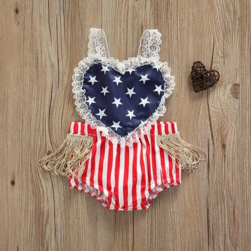 Independence Day Baby Girls Romper Summer Infant Star Stripe Printing Heart Lace Splicing Sleeveless Suspender Jumpsuit