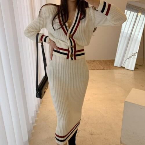 Elegant Suit Sexy V-Neck Single-Breasted Stripe Knitted Sweater Coat + High Waist Bodycon Skirt Autumn Winter 2 Piece Set