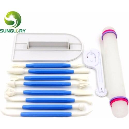 Cake Decorating Tools 11PCS Sugar Craft Icing Cake Smoother Fondant Cutter Embosser Rolling Pin Modelling Tools Set Baking Mold
