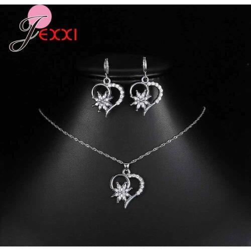Korean Trendy Wedding 925 Sterling Silver Bridal Pendant Necklaces Earrings Jewelry Sets For Women Heart Crystal Jewelry Bijoux
