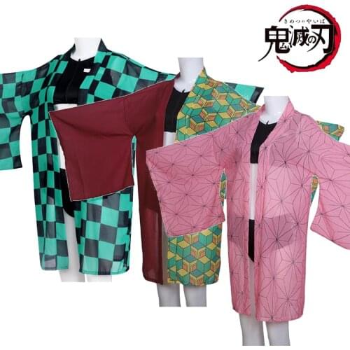 Anime Demon Slayer Cosplay Kimetsu No Yaiba Kamado Tanjirou Two Piece V Neck Bathing Suit Swimsuit with Sheer Kimono Cardigan
