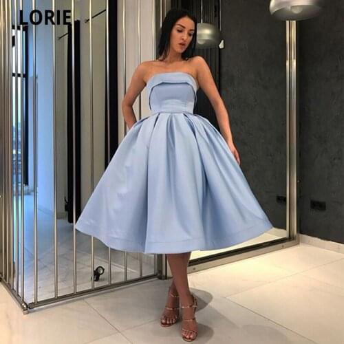 LORIE Sexy Prom Dresses 2021 Strapless A-Line Blue Short Party Dress for Graduation Satin Knee Length Formal Homecoming Dress