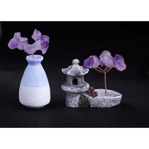 Mini Natural Amethyst Tree Bonsai Style Quartz Crystal Feng Shui Healing Crystal Stone for Desk Home Decoration Wealth and Luck